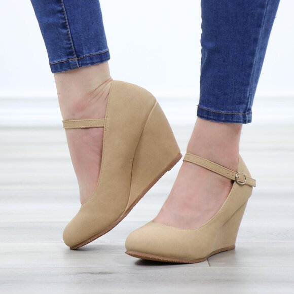 Faux Nubuck Leather Low Wedge Classy Heel - Picture 10 of 13